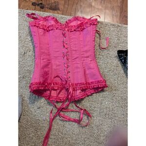 Hot Pink Floral Jacquard Lace Up Corset Top Ruffle Trim Sweetheart Bustier XS